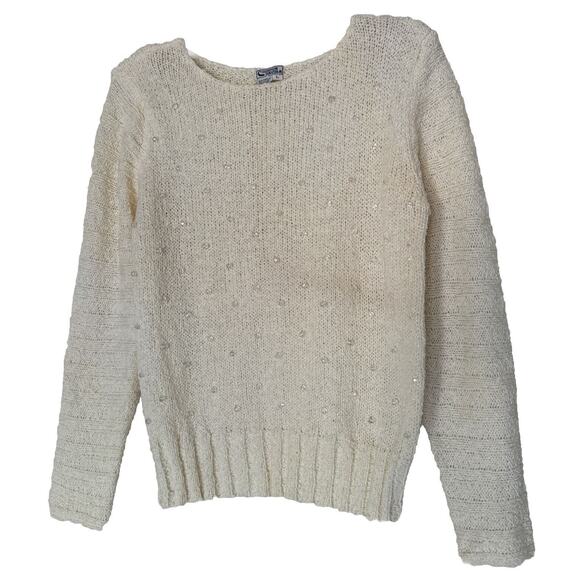 Vintage Sweater Vtg 70s 80s Cream Round Neck Embellishment Pullover Women’s Sz L - Picture 1 of 11